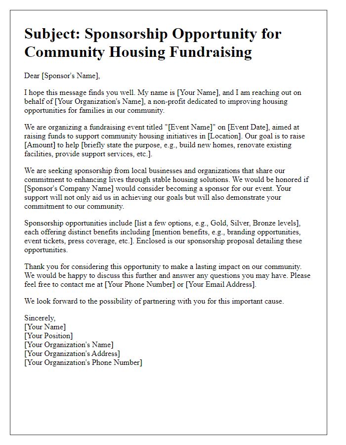 Letter template of sponsorship appeal for community housing fundraising