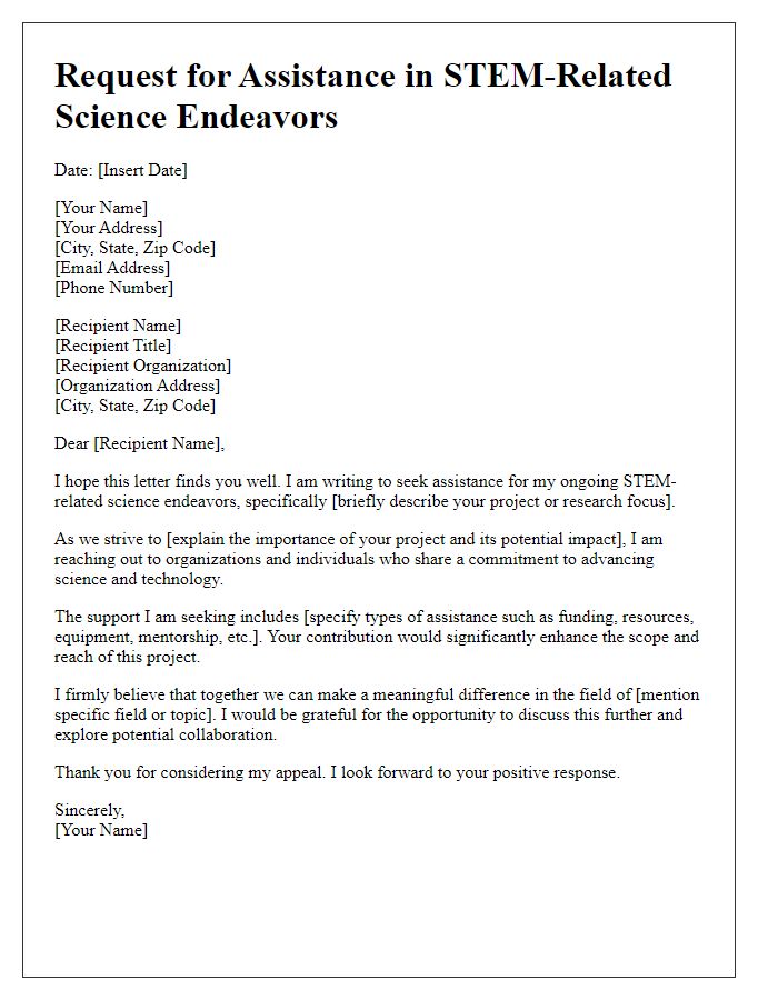 Letter template of assistance appeal for STEM-related science endeavors