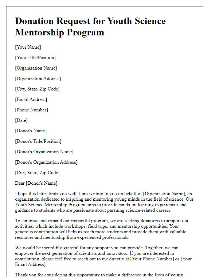 Letter template of donation request for youth science mentorship program