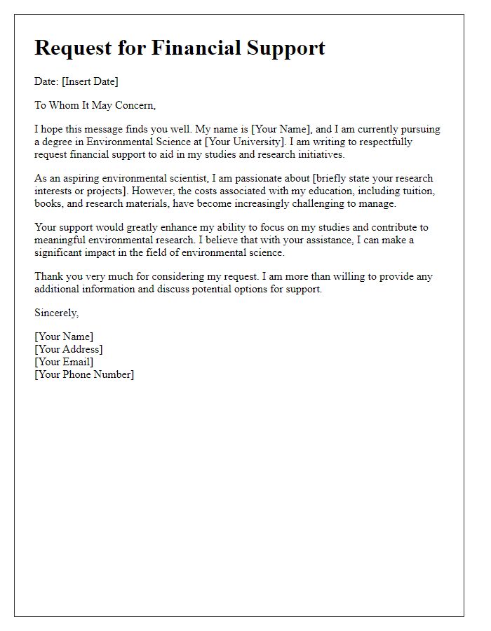 Letter template of financial support request for environmental science study