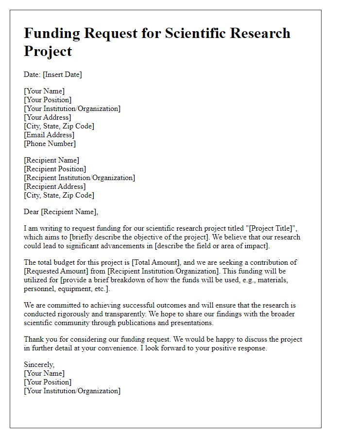 Letter template of funding request for scientific research project