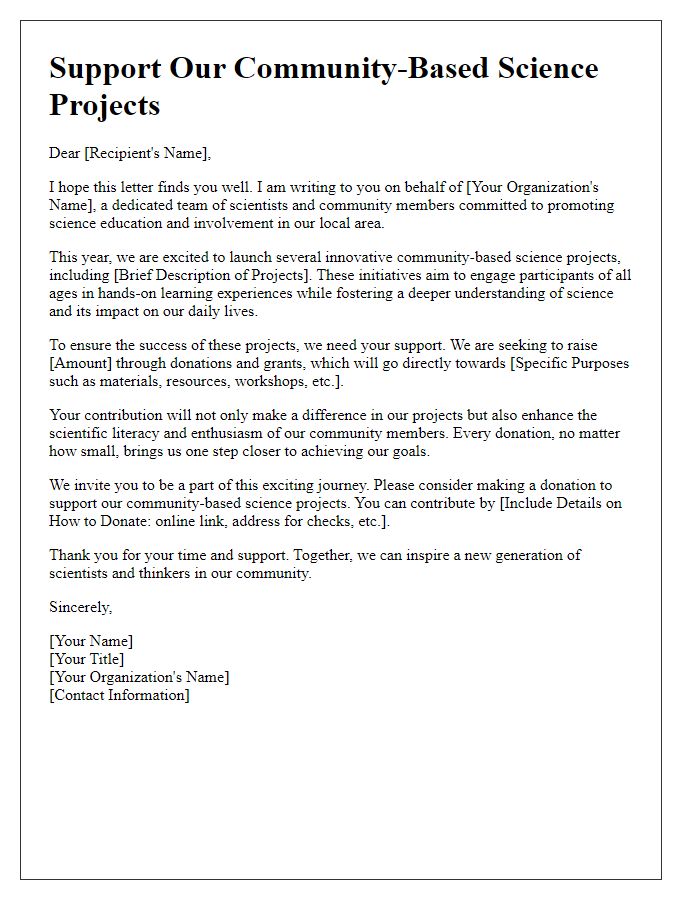 Letter template of fundraising letter for community-based science projects