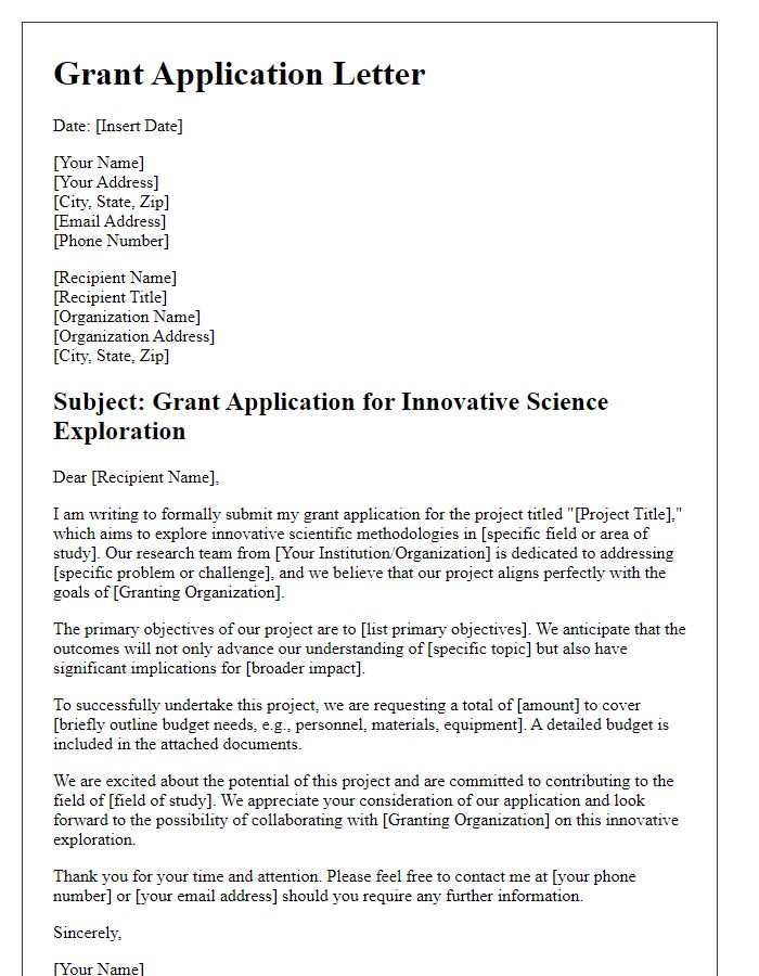 Letter template of grant application for innovative science exploration