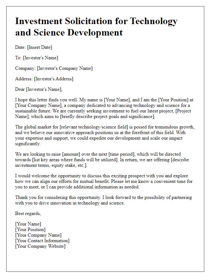 Letter template of investment solicitation for technology and science development