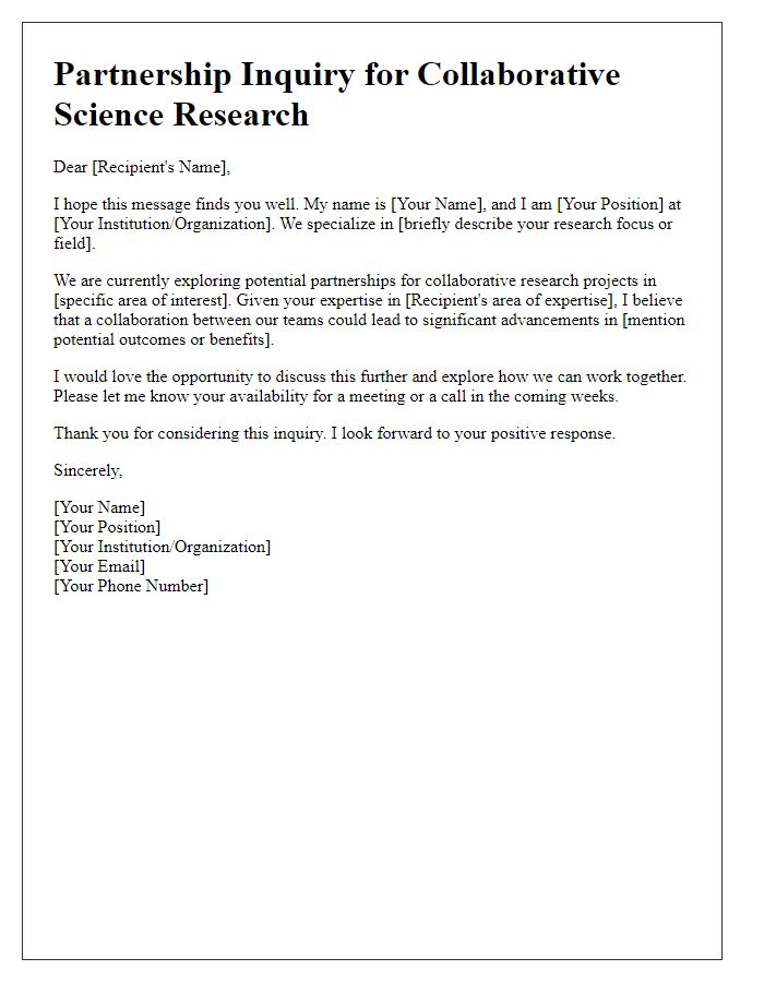 Letter template of partnership inquiry for collaborative science research