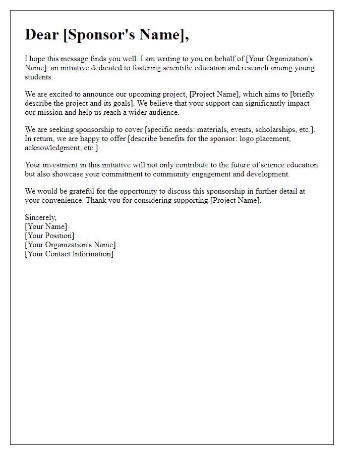 Letter template of sponsorship appeal for science initiative