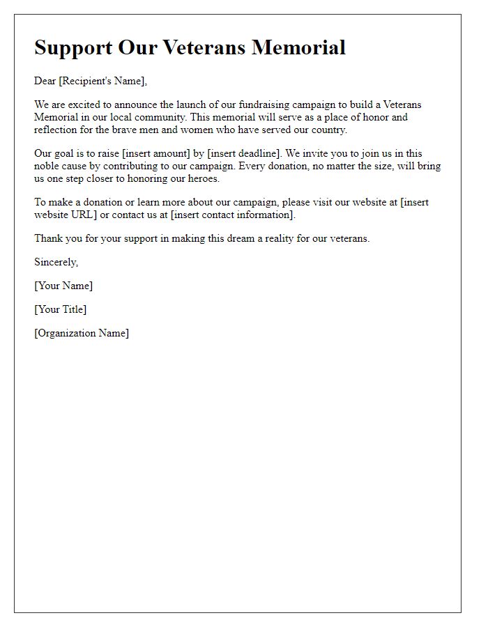 Letter template of announcement for veterans memorial fundraising campaign