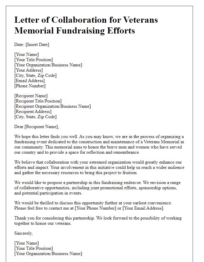 Letter template of collaboration for veterans memorial fundraising efforts