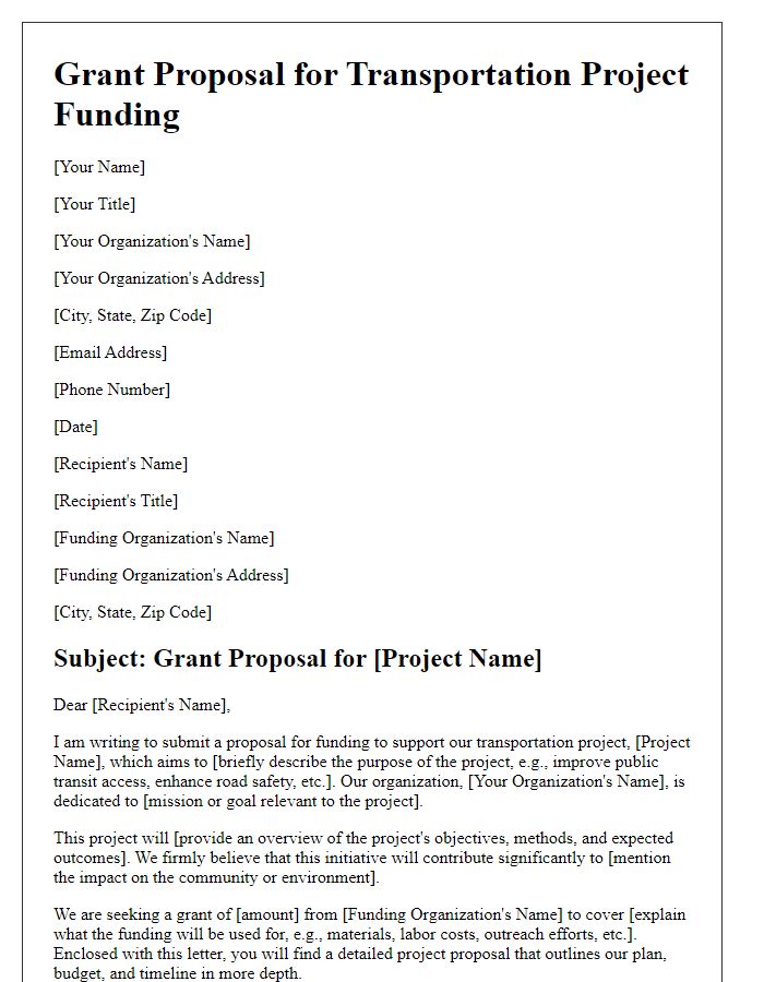 Letter template of grant proposal for transportation project funding