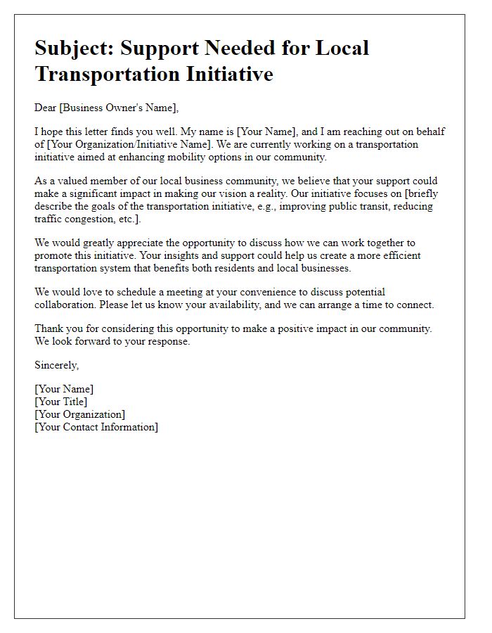 Letter template of outreach to local businesses for transportation initiative support