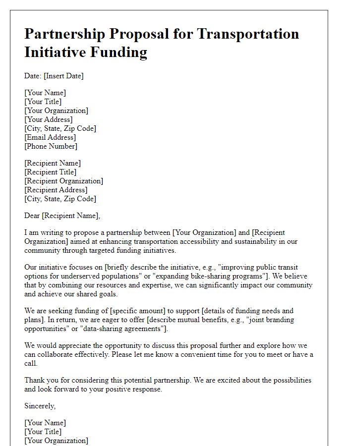 Letter template of partnership proposal for transportation initiative funding