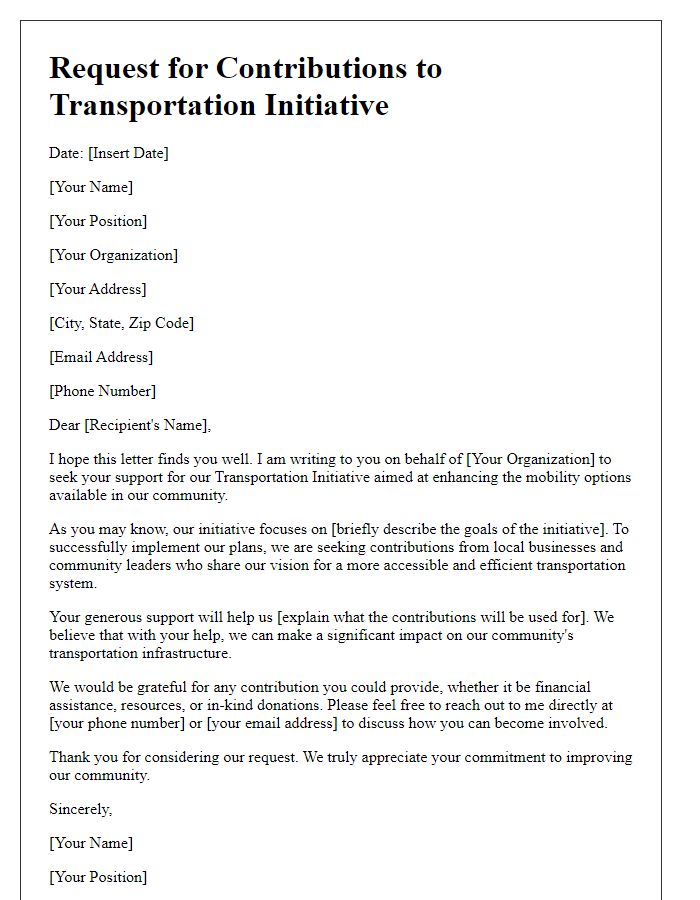 Letter template of request for contributions to transportation initiative