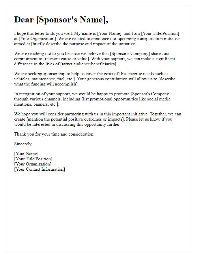 Letter template of sponsorship appeal for transportation initiative