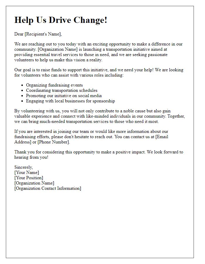 Letter template of volunteer recruitment for transportation initiative fundraising