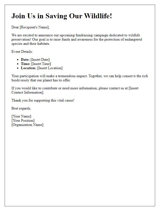 Letter template of announcement for wildlife preservation fundraising campaign.