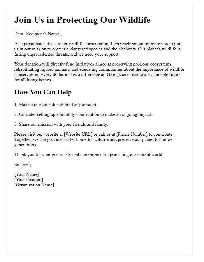 Letter template of call to action for wildlife protection donations.