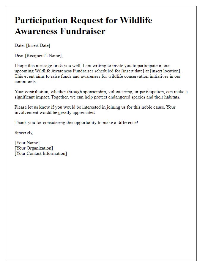 Letter template of participation request for wildlife awareness fundraiser.