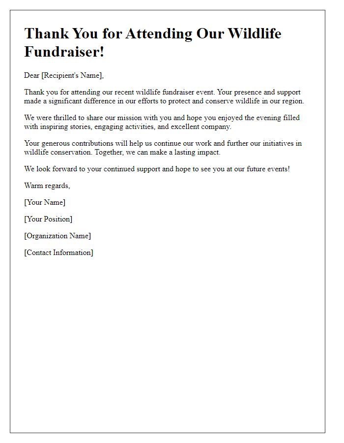 Letter template of thank-you for attending wildlife fundraiser event.