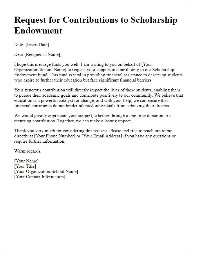 Letter template of request for contributions to scholarship endowment