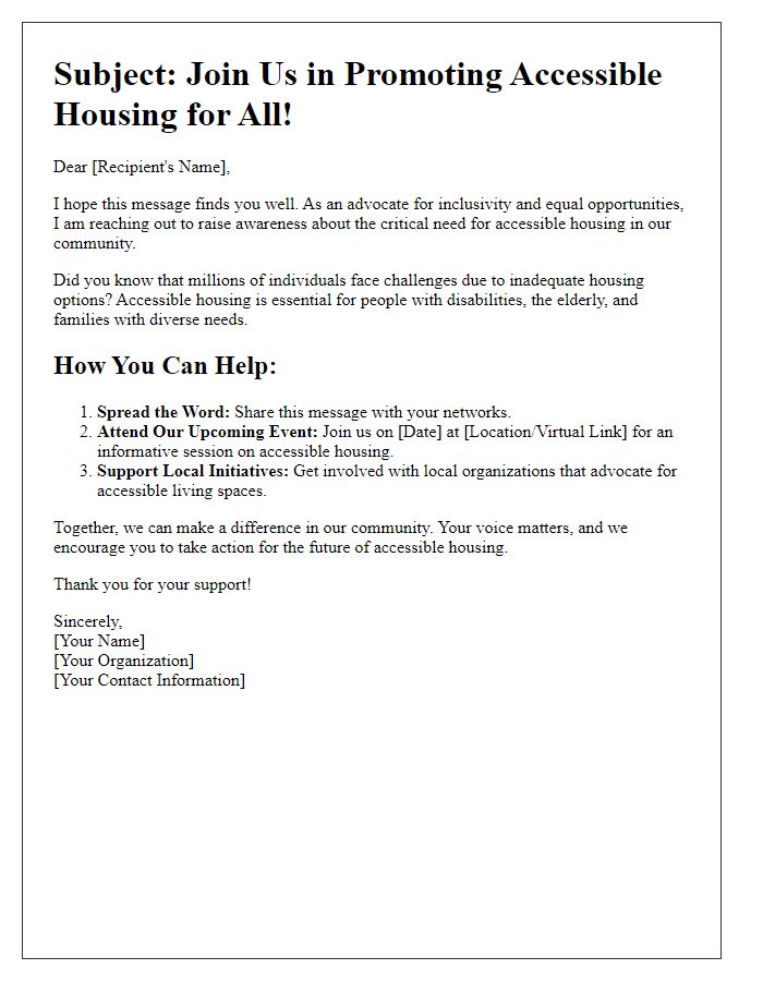 Letter template of call to action for accessible housing awareness