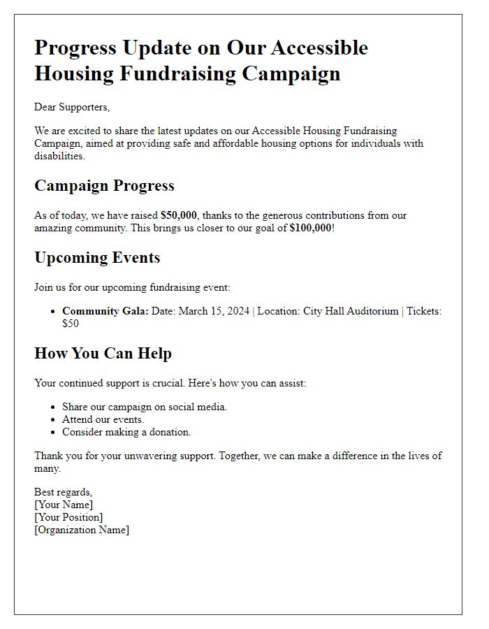 Letter template of progress update on accessible housing fundraising campaign