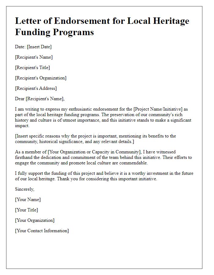 Letter template of endorsement for local heritage funding programs