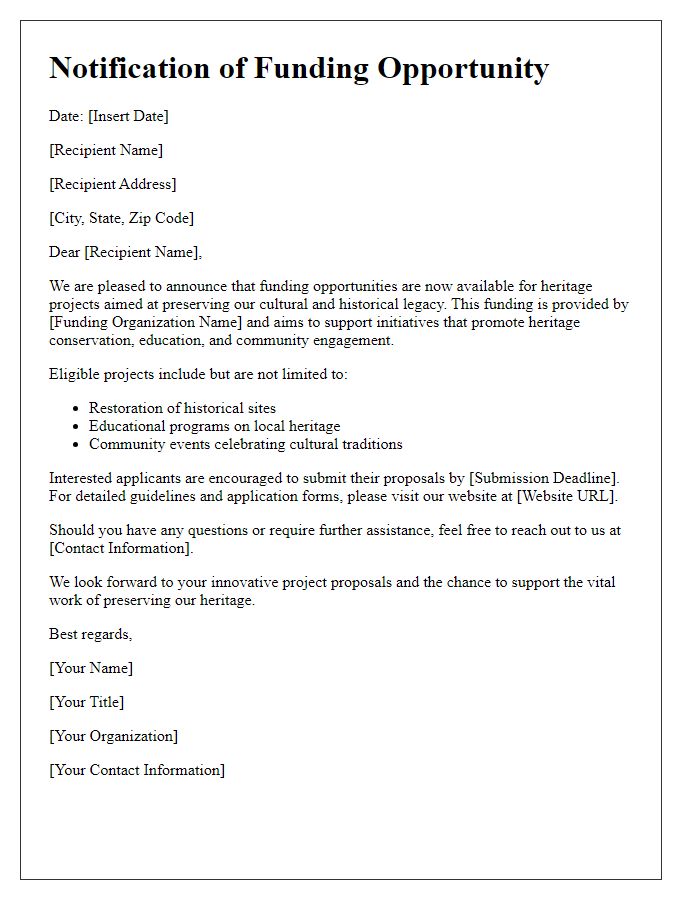 Letter template of notification for funding opportunities for heritage projects