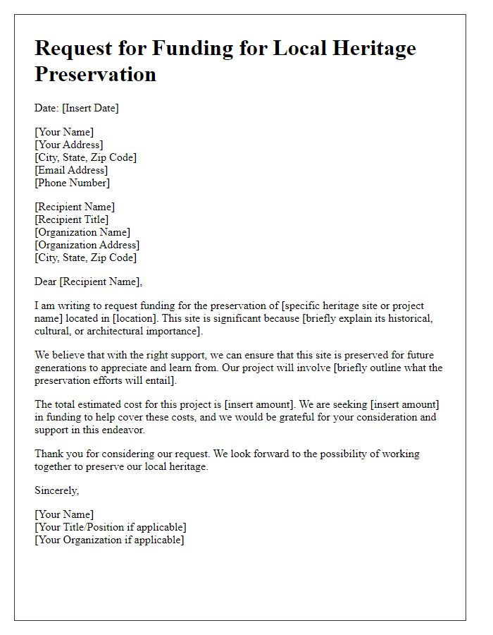 Letter template of request for local heritage preservation funding