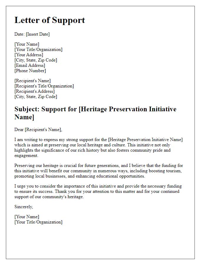 Letter template of support for local heritage preservation initiative funding