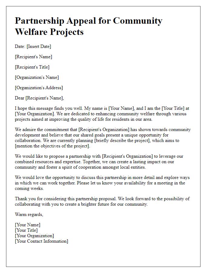 Letter template of appeal for partnership in community welfare projects.