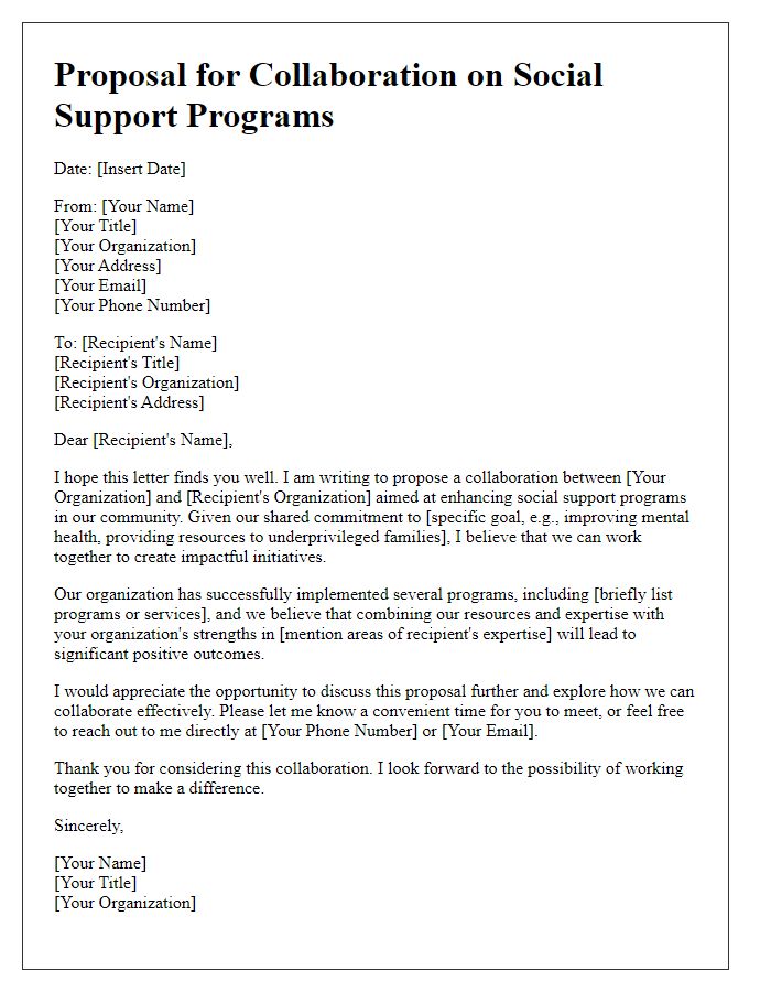 Letter template of proposal for collaboration on social support programs.