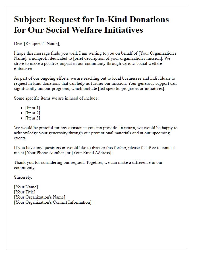 Letter template of solicitation for in-kind donations for social welfare causes.