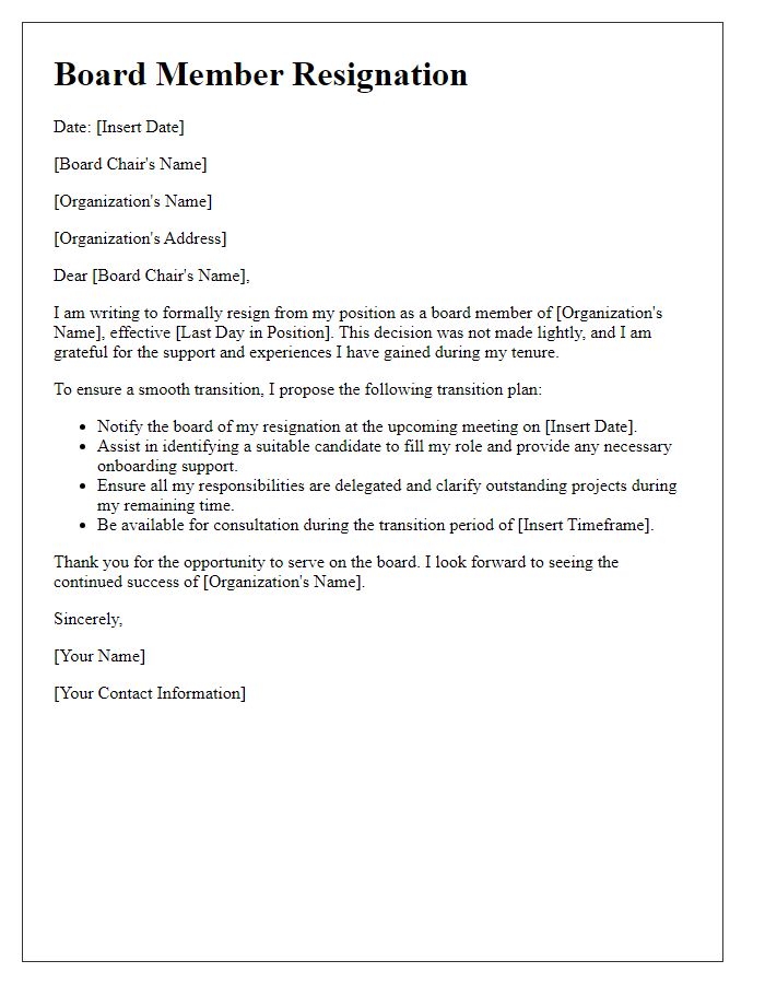 Letter template of board member resignation and transition plan