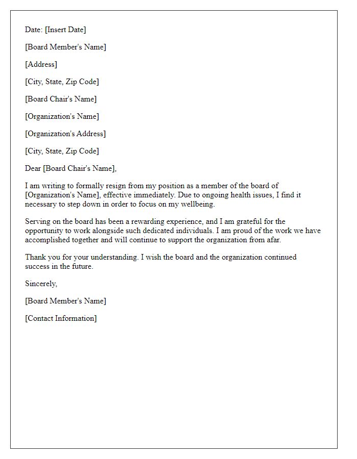 Letter template of board member resignation for health reasons