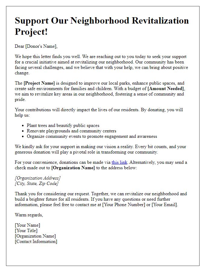 Letter template of donation solicitation for neighborhood revitalization project