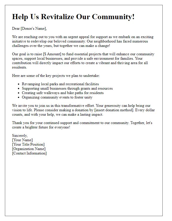 Letter template of fundraising appeal for community redevelopment initiative