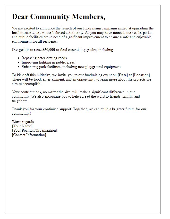 Letter template of fundraising campaign launch for local infrastructure upgrade