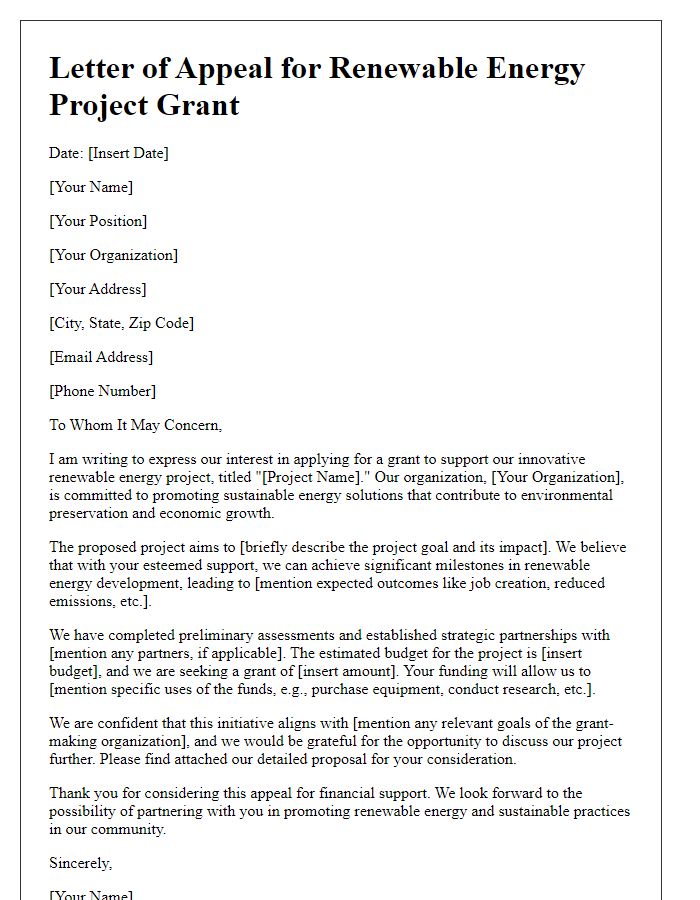 Letter template of appeal for grants for renewable energy projects