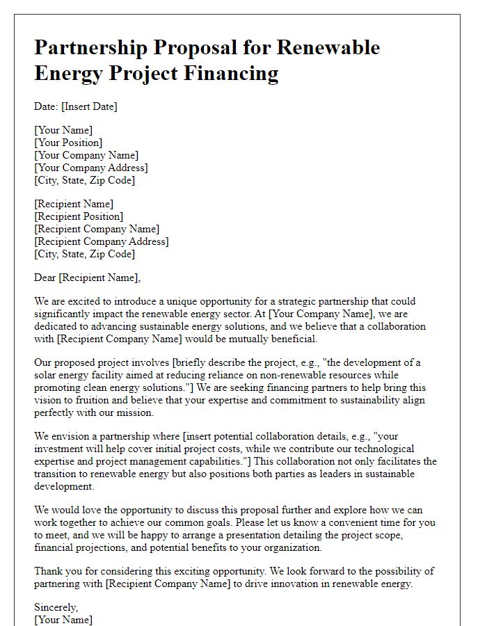 Letter template of partnership proposal for renewable energy project financing