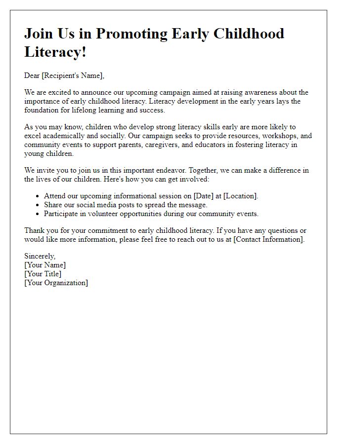 Letter template of awareness campaign for early childhood literacy