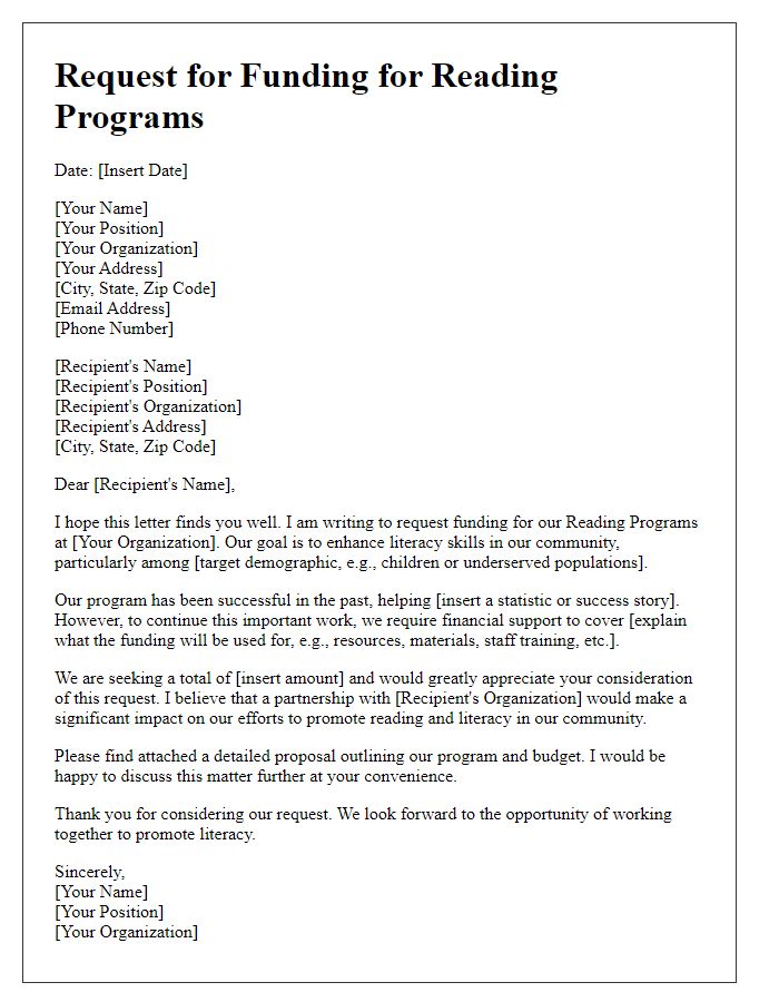 Letter template of request for funding for reading programs