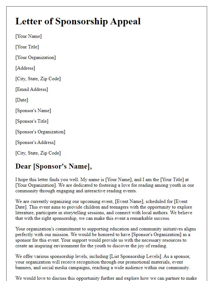 Letter template of sponsorship appeal for youth reading events