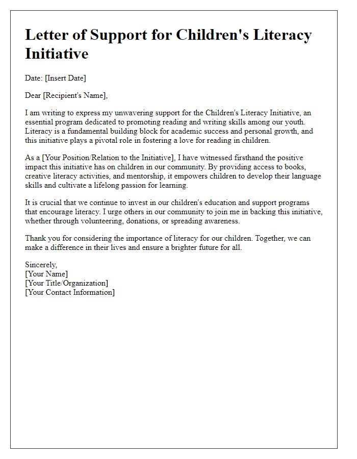 Letter template of support for children's literacy initiative