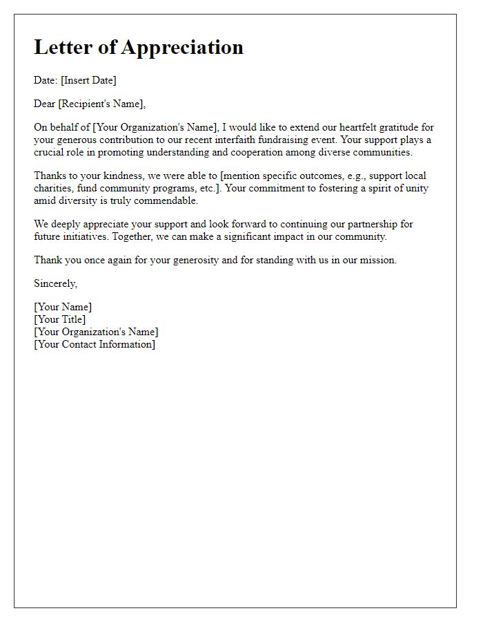 Letter template of appreciation for interfaith fundraising contributions