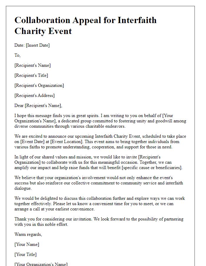 Letter template of collaboration appeal for interfaith charity event