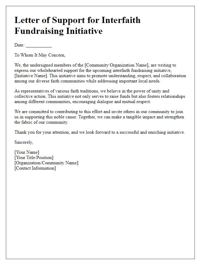 Letter template of community support for interfaith fundraising initiative