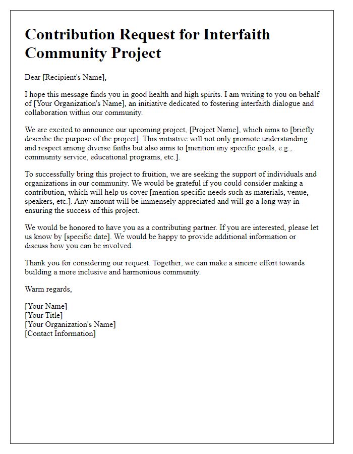 Letter template of contributions request for interfaith community project