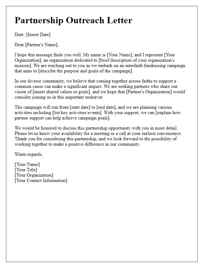 Letter template of partnership outreach for interfaith fundraising campaign