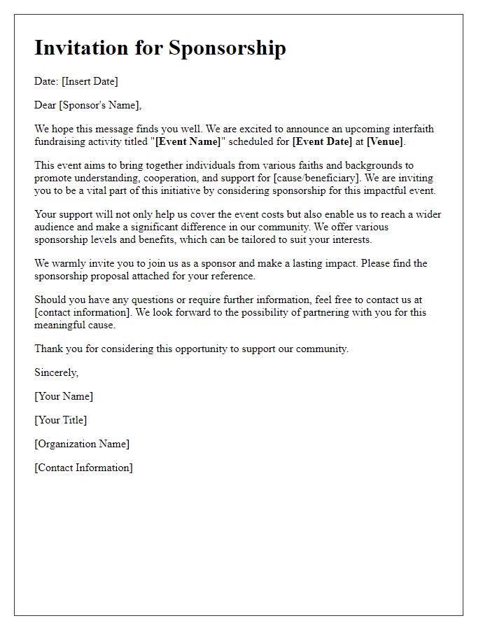 Letter template of sponsorship invitation for interfaith fundraising activity