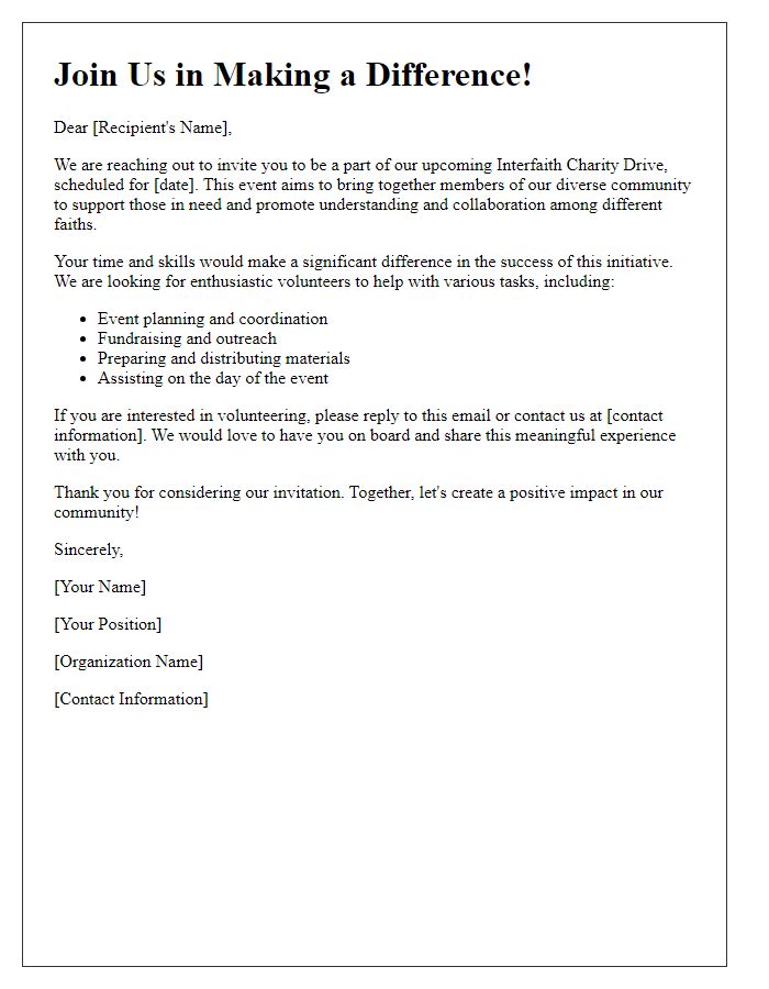 Letter template of volunteer recruitment for interfaith charity drive